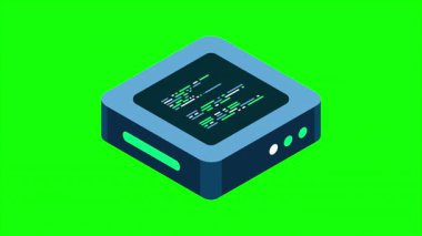 Isometric fütürist sunucu animasyonu. İzometrik veritabanı veya veri merkezi. Soyut engelleme zinciri. Bilgisayar deposu. Bulut deposu. 4K video eşölçülü olarak canlandırıldı