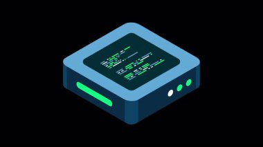 Isometric fütürist sunucu animasyonu. İzometrik veritabanı veya veri merkezi. Soyut engelleme zinciri. Bilgisayar deposu. Bulut deposu. Alfa kanalı ile şeffaf arkaplan