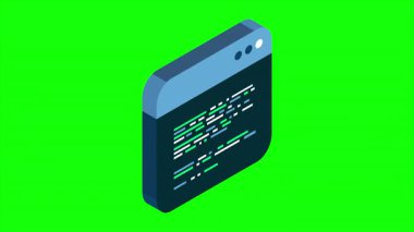 Kaynak kodu izometrik animasyon. Ekrandaki soyut programlama dili ve program kodu. Hareket grafiği. 4K video eşölçülü olarak canlandırıldı