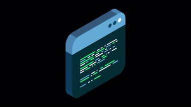 Kaynak kodu izometrik animasyon. Ekrandaki soyut programlama dili ve program kodu. Hareket grafiği. Alfa kanalı ile şeffaf arkaplan