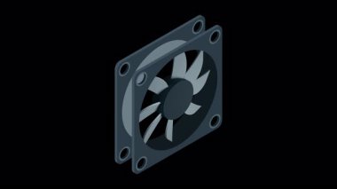 Isometric bilgisayar fan animasyonu. Bilgisayar fan soğutucusu. Isome of PC Case hayranı. Bilgisayar donanımı bileşenleri. Alfa kanalı ile şeffaf arkaplan