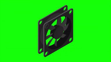 Isometric bilgisayar fan animasyonu. Bilgisayar fan soğutucusu. Isome of PC Case hayranı. Bilgisayar donanımı bileşenleri. 4K canlandırması