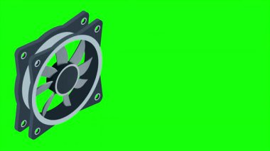 Isometric bilgisayar fan animasyonu. Bilgisayar fan soğutucusu. Isome of PC Case hayranı. Bilgisayar donanımı bileşenleri. 4K canlandırması