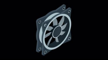 Isometric bilgisayar fan animasyonu. Bilgisayar fan soğutucusu. Isome of PC Case hayranı. Bilgisayar donanımı bileşenleri. Alfa kanalı ile şeffaf arkaplan