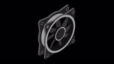 Isometric bilgisayar fan animasyonu. Bilgisayar fan soğutucusu. Isome of PC Case hayranı. Bilgisayar donanımı bileşenleri. Alfa kanalı ile şeffaf arkaplan
