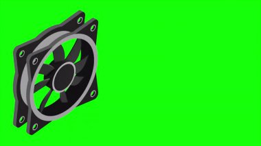 Isometric bilgisayar fan animasyonu. Bilgisayar fan soğutucusu. Isome of PC Case hayranı. Bilgisayar donanımı bileşenleri. 4K canlandırması