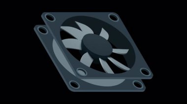 Isometric bilgisayar fan animasyonu. Bilgisayar fan soğutucusu. Isome of PC Case hayranı. Bilgisayar donanımı bileşenleri. Alfa kanalı ile şeffaf arkaplan