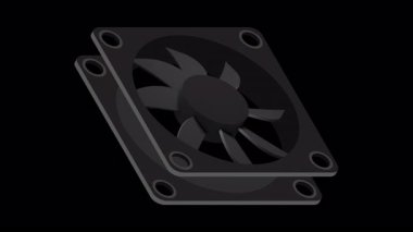 Isometric bilgisayar fan animasyonu. Bilgisayar fan soğutucusu. Isome of PC Case hayranı. Bilgisayar donanımı bileşenleri. Alfa kanalı ile şeffaf arkaplan
