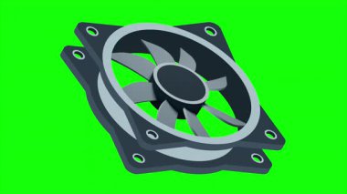 Isometric bilgisayar fan animasyonu. Bilgisayar fan soğutucusu. Isome of PC Case hayranı. Bilgisayar donanımı bileşenleri. 4K canlandırması
