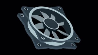 Isometric bilgisayar fan animasyonu. Bilgisayar fan soğutucusu. Isome of PC Case hayranı. Bilgisayar donanımı bileşenleri. Alfa kanalı ile şeffaf arkaplan