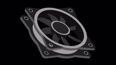 Isometric bilgisayar fan animasyonu. Bilgisayar fan soğutucusu. Isome of PC Case hayranı. Bilgisayar donanımı bileşenleri. Alfa kanalı ile şeffaf arkaplan