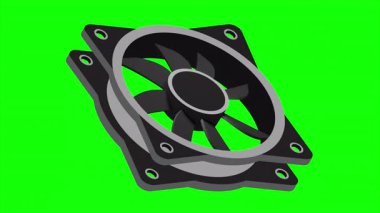 Isometric bilgisayar fan animasyonu. Bilgisayar fan soğutucusu. Isome of PC Case hayranı. Bilgisayar donanımı bileşenleri. 4K canlandırması