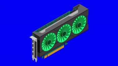 Isometric video grafik kart animasyonu. Video kartı izometrik. Bilgisayar donanımı bileşenleri. GPU grafik kartı 4K canlandırması