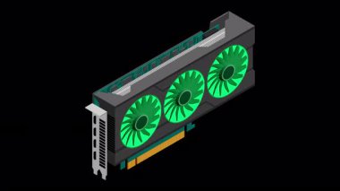 Isometric video grafik kart animasyonu. Video kartı izometrik. Bilgisayar donanımı bileşenleri. GPU grafik kartı 4K animasyonu. Alfa kanalı ile şeffaf arkaplan