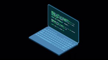 İzometrik dizüstü bilgisayar animasyonu. 3D izometrik dizüstü bilgisayar. Bir dizüstü ekranda soyut programlama dili ve program kodu. Alfa kanalı ile şeffaf arkaplan