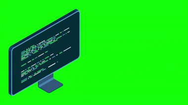İzometrik monitör animasyonu. Bilgisayar monitörü izometrik masaüstü. Modern monitör. Hareket grafiği. 4K video eşölçülü olarak canlandırıldı