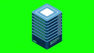 Isometric sunucu animasyonu. Ağ sunucu odası. Üç boyutlu bilgisayar ekipmanı. Depo veritabanı. Isometric teknolojisi. 4K video eşölçülü olarak canlandırıldı