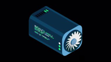 Isometric fütürist sunucu animasyonu. İzometrik veritabanı veya veri merkezi. Soyut engelleme zinciri. Bilgisayar deposu. Bulut deposu. Alfa kanalı ile şeffaf arkaplan