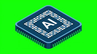 İzometrik yapay zeka çipi animasyonu. Yapay zeka konsepti. Fütürist mikroçip işlemcisi. Hareket grafiği. 4K video eşölçülü olarak canlandırıldı