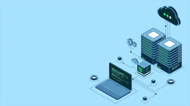Isometric bilgisayar teknolojisi animasyonu. Büyük veri merkezinin hesaplanması. Bulut hesaplama. Çevrimiçi aygıtlar bilgiyi yükler ve indirir. 4K video eşölçülü olarak canlandırıldı