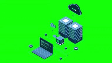 Isometric bilgisayar teknolojisi animasyonu. Büyük veri merkezinin hesaplanması. Bulut hesaplama. Çevrimiçi aygıtlar bilgiyi yükler ve indirir. 4K video eşölçülü olarak canlandırıldı