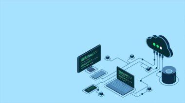Bulut teknolojisi animasyon hesaplama. Modern bulut teknolojisi. Veri merkezi izometrik konsepti. Veri tabanına sahip Isometric bulut teknolojisi. Web sunucu konsepti. 4K video eşölçülü olarak canlandırıldı