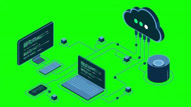 Bulut teknolojisi animasyon hesaplama. Modern bulut teknolojisi. Veri merkezi izometrik konsepti. Veri tabanına sahip Isometric bulut teknolojisi. Web sunucu konsepti. 4K video eşölçülü olarak canlandırıldı