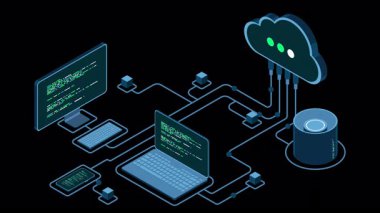 Bulut teknolojisi animasyon hesaplama. Modern bulut teknolojisi. Veri merkezi izometrik konsepti. Veri tabanına sahip Isometric bulut teknolojisi. Web sunucu konsepti. Alfa kanalı ile şeffaf arkaplan