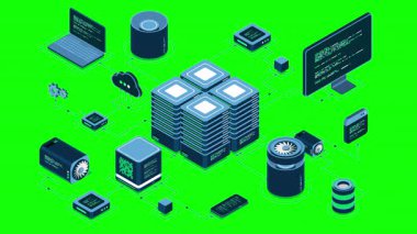 Isometric bilgisayar teknolojisi animasyonu. Büyük veri merkezinin hesaplanması. Bulut hesaplama. Çevrimiçi aygıtlar bilgiyi yükler ve indirir. 4K video eşölçülü olarak canlandırıldı