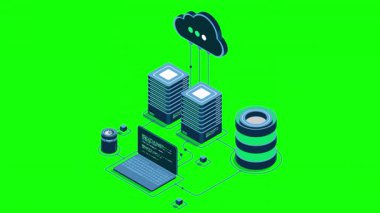 Bulut teknolojisi animasyon hesaplama. Modern bulut teknolojisi. Veri merkezi izometrik konsepti. Veri tabanına sahip Isometric bulut teknolojisi. Web sunucu konsepti. 4K video eşölçülü olarak canlandırıldı