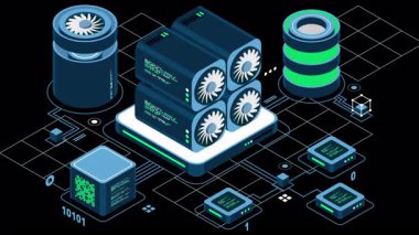 İzometrik engelleme animasyonu. Itrik kripto para birimi. Dijital para biriminin oluşturulması platformu. İzometrik olarak büyük veri teknolojisi. Alfa kanalı ile şeffaf arkaplan