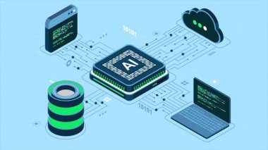 İzometrik yapay zeka çipi animasyonu. Yapay Zeka sunucusu. Fütürist mikroçip işlemcisi. İzometrik bulut hesaplaması. 4K video eşölçülü olarak canlandırıldı