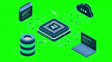 İzometrik yapay zeka çipi animasyonu. Yapay Zeka sunucusu. Fütürist mikroçip işlemcisi. İzometrik bulut hesaplaması. 4K video eşölçülü olarak canlandırıldı