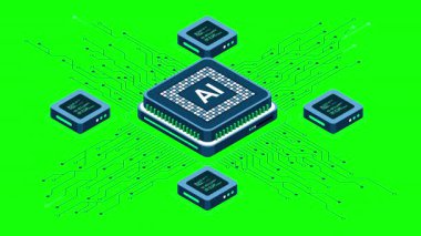 İzometrik yapay zeka çipi animasyonu. Yapay zeka konsepti. Fütürist mikroçip işlemcisi. Hareket grafiği. 4K video eşölçülü olarak canlandırıldı