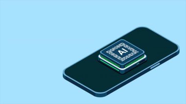 Yapay zeka animasyonlu bir akıllı telefon. Yapay zeka ve akıllı telefon konsepti. Fütürist yapay zeka işlemcili akıllı telefon. 4K video eşölçülü olarak canlandırıldı