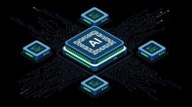 İzometrik yapay zeka çipi animasyonu. Yapay zeka konsepti. Fütürist mikroçip işlemcisi. Hareket grafiği. Alfa kanalı ile şeffaf arkaplan