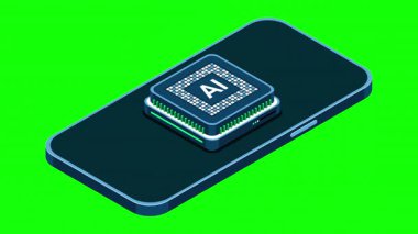 Yapay zeka animasyonlu bir akıllı telefon. Yapay zeka ve akıllı telefon konsepti. Fütürist yapay zeka işlemcili akıllı telefon. 4K video eşölçülü olarak canlandırıldı