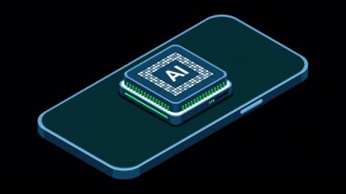 Yapay zeka animasyonlu bir akıllı telefon. Yapay zeka ve akıllı telefon konsepti. Fütürist yapay zeka işlemcili akıllı telefon. Alfa kanalı ile şeffaf arkaplan