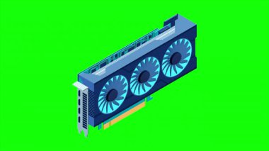 Isometric video grafik kart animasyonu. Video kartı izometrik. Bilgisayar donanımı bileşenleri. GPU grafik kartı 4K canlandırması
