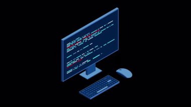Isome masaüstü bilgisayarı. Kodlama teknolojisi. Programlama kavramı. Teknoloji animasyonu. Alfa kanalı ile şeffaf arkaplan