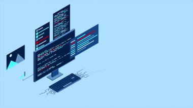 Isome masaüstü bilgisayarı. Kodlama teknolojisi. Programlama kavramı. Teknoloji animasyonu
