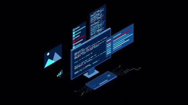 Isome masaüstü bilgisayarı. Kodlama teknolojisi. Programlama kavramı. Teknoloji animasyonu. Alfa kanalı ile şeffaf arkaplan