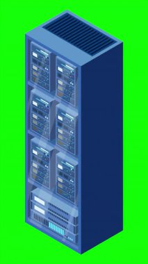Isometric sunucu animasyonu. Ağ sunucu odası. Üç boyutlu bilgisayar ekipmanı. Depo veritabanı. Isometric teknolojisi. 4K video eşölçülü olarak canlandırıldı