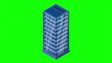 Isometric sunucu animasyonu. Ağ sunucu odası. Üç boyutlu bilgisayar ekipmanı. Depo veritabanı. Isometric teknolojisi. 4K video eşölçülü olarak canlandırıldı