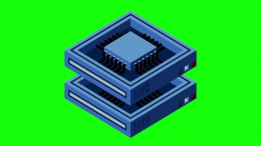 Isometric fütürist sunucu animasyonu. İzometrik veritabanı veya veri merkezi. Soyut engelleme zinciri. Bilgisayar deposu. Bulut deposu. 4K video eşölçülü olarak canlandırıldı