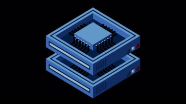 Isometric fütürist sunucu animasyonu. İzometrik veritabanı veya veri merkezi. Soyut engelleme zinciri. Bilgisayar deposu. Bulut deposu. Alfa kanalı ile şeffaf arkaplan