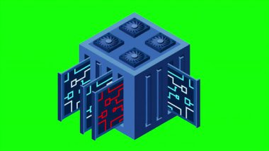 Isometric fütürist sunucu animasyonu. İzometrik veritabanı veya veri merkezi. Soyut engelleme zinciri. Bilgisayar deposu. Bulut deposu. 4K video eşölçülü olarak canlandırıldı