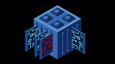 Isometric fütürist sunucu animasyonu. İzometrik veritabanı veya veri merkezi. Soyut engelleme zinciri. Bilgisayar deposu. Bulut deposu. Alfa kanalı ile şeffaf arkaplan