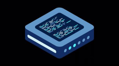 Isometric fütürist sunucu animasyonu. İzometrik veritabanı veya veri merkezi. Soyut engelleme zinciri. Bilgisayar deposu. Bulut deposu. Alfa kanalı ile şeffaf arkaplan