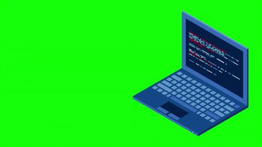 İzometrik dizüstü bilgisayar animasyonu. 3D izometrik dizüstü bilgisayar. Bir dizüstü ekranda soyut programlama dili ve program kodu. 4K video eşölçülü olarak canlandırıldı
